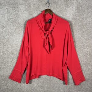 Theory Shirt Womens Large Red 100% Silk Scarf Tie Neck Long Sleeve Blouse Top Lo